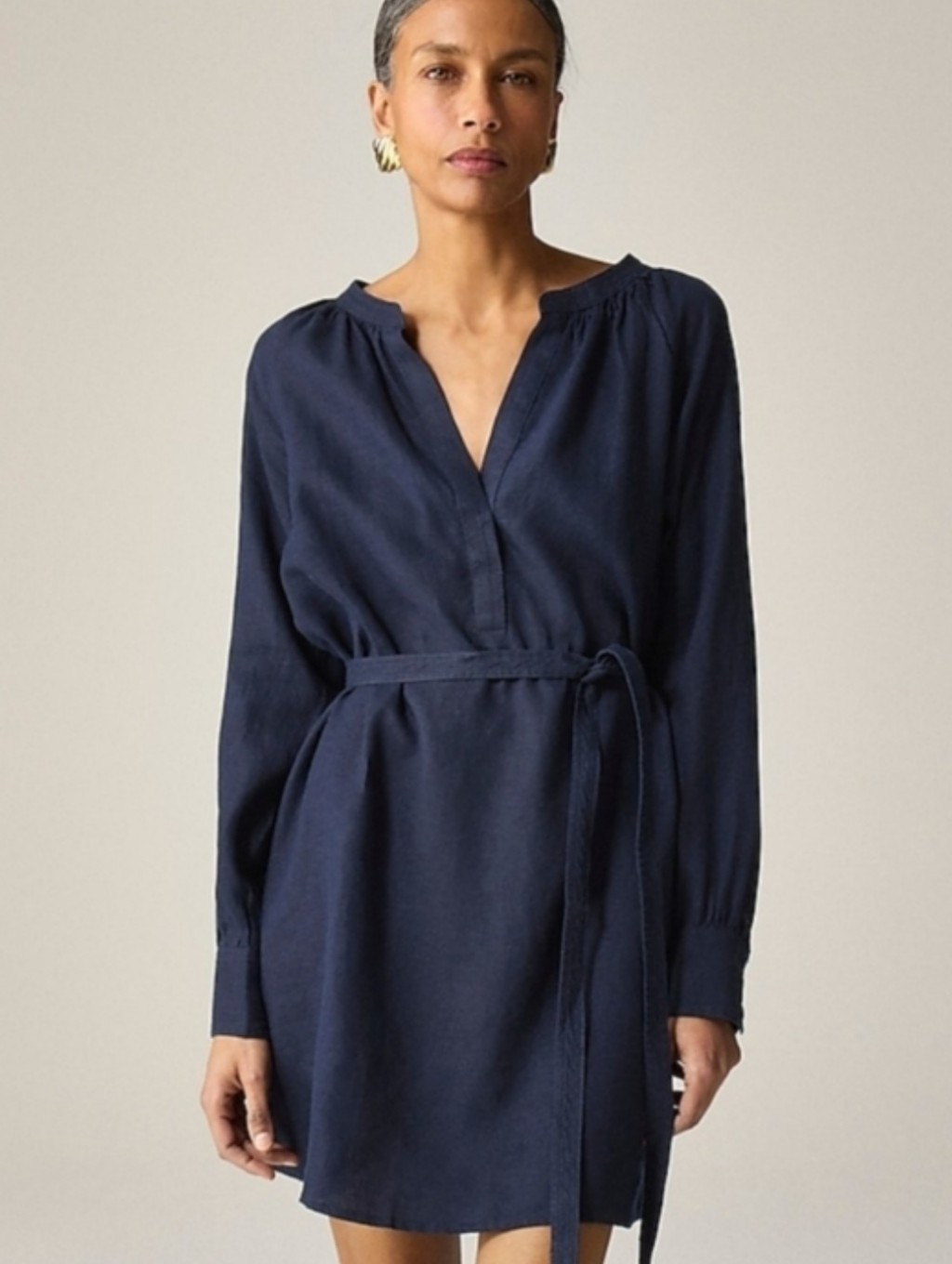 J. Crew Cabana Mini Dress In Navy Blue Linen Long Sleeve Belted Small